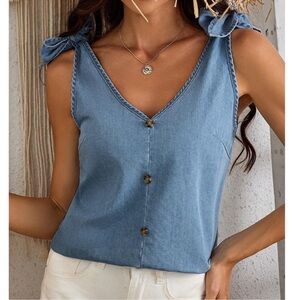 Boho Chambray V neck Knot Shoulder Detail Tank Top XS S M L XL